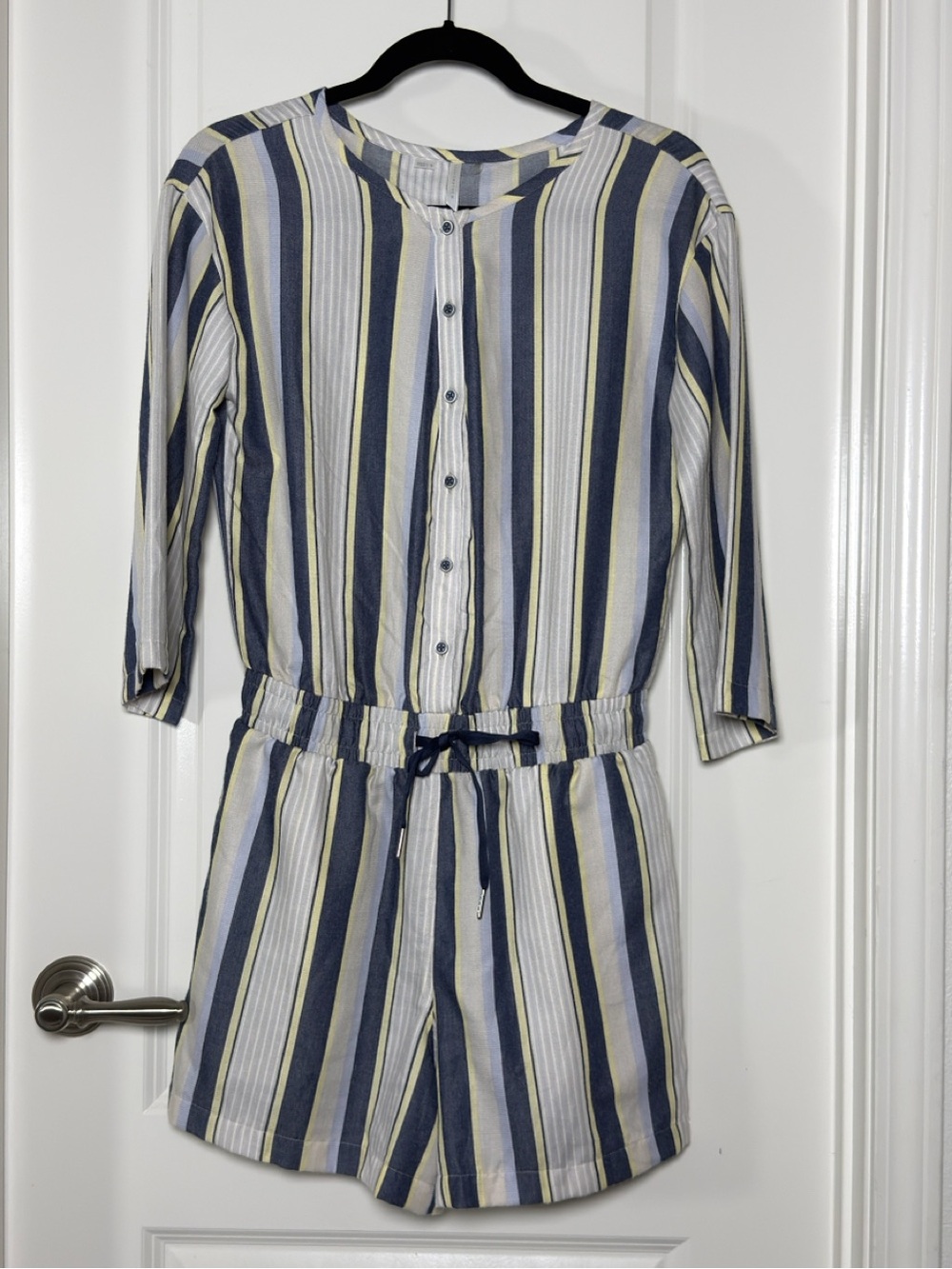 Travis Mathew Navy, White & Yellow Striped Button Romper